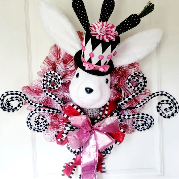 Hand Crafted Other - Spring Bunny Wreath Deco Mesh Bow Plush Rabbit